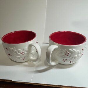 2 Starbucks 2008 White Christmas Embossed Red Holly Coffee Tea Mug 12 oz